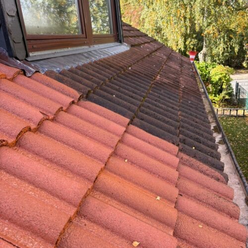 Dachfläche eines zum Teil gereinigten Hauses vorher nachher Zustand im Vergleich